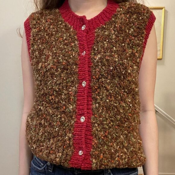 Hand Knitted Vintage Wool Vest Brown Red - Picture 3 of 14